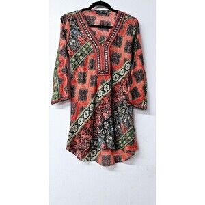 BEN Multicolor Bejeweled 100% Cotton Long Sleeve Pullover Women Tunic Shirt (L)